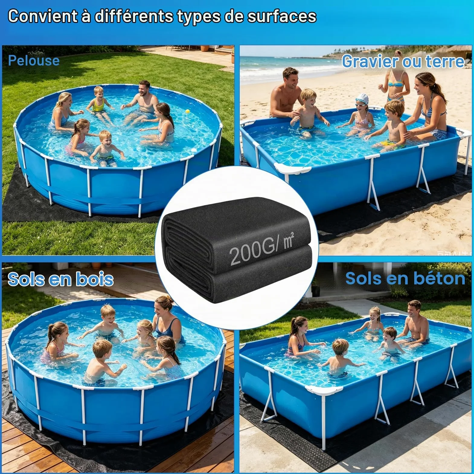 Tapis de Sol Piscine 400 cm x 300 cm Tapis sous Piscines Hors Sol Carré 200g/M ², Antidérapant, Pliable Tapis de Protection pour Piscine Whirlpool Gonflable