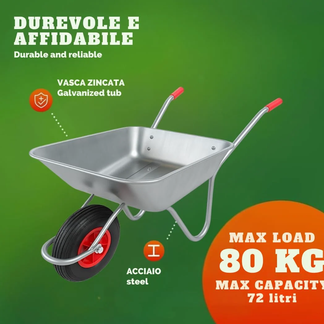 Brouette de Jardin 65L - Cadre en Acier galvanisé, Roue pneumatique 4.00-6 Chambre à air, Charge 80 kg - Idéal pour Jardin, écurie, Chantier Naval