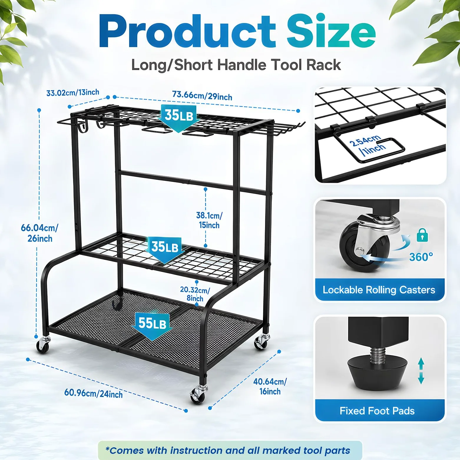 Support de rangement pour outils de jardin, 61 x 41 x 66 cm, pour 78 outils à long manche, gestion de garage avec 11 crochets et roues pivotantes à 360°