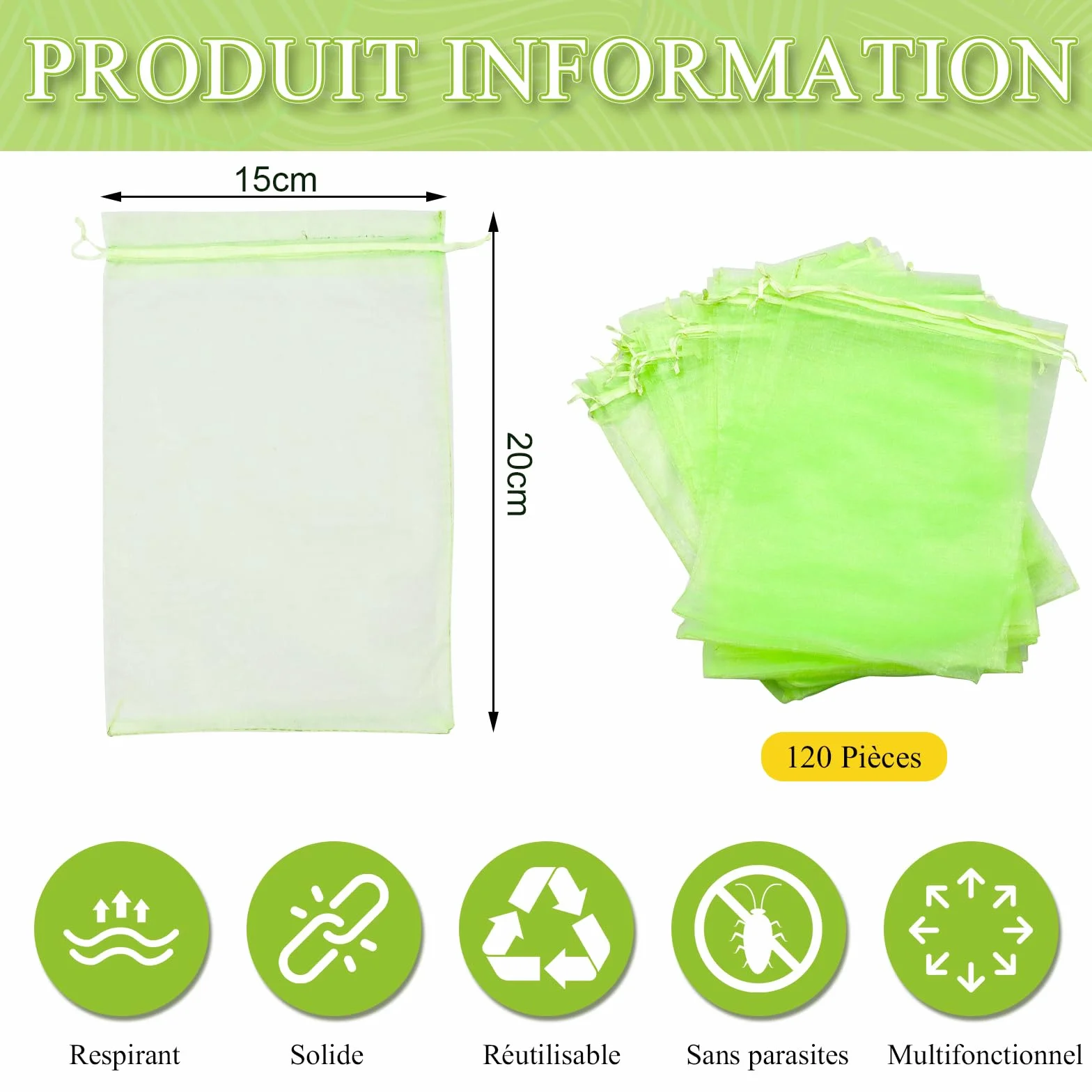 Sachet Protection Fruits Organza Vert Respirant à Cordon de Serrage 20x15cm 120 Pièces