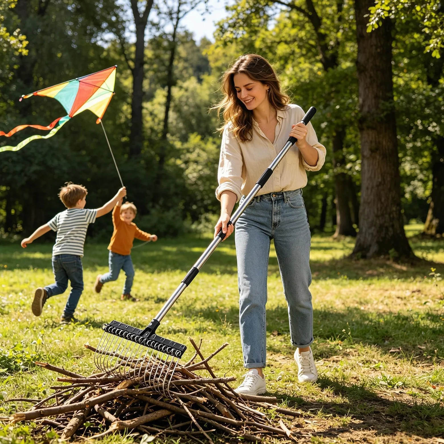 Râteau de jardin Dents En Acier Larges Manche Long Réglable De 98 À 160 Cm | Râteau de Jardin Robuste pour feuilles jardinage cour pelouse arbustes paillis débris aiguilles de pin ramassage et net