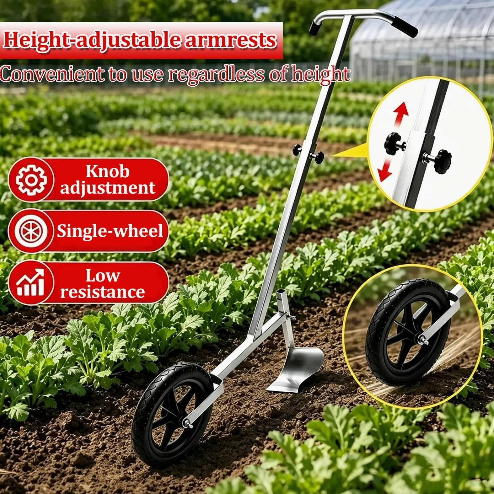 Binette de Jardin roulante Manuelle, cultivateur Rotatif à Main | Manche long réglable, outil de jardin en acier galvanisé pour ameublir, creuser des sillons et butter la terre(B)