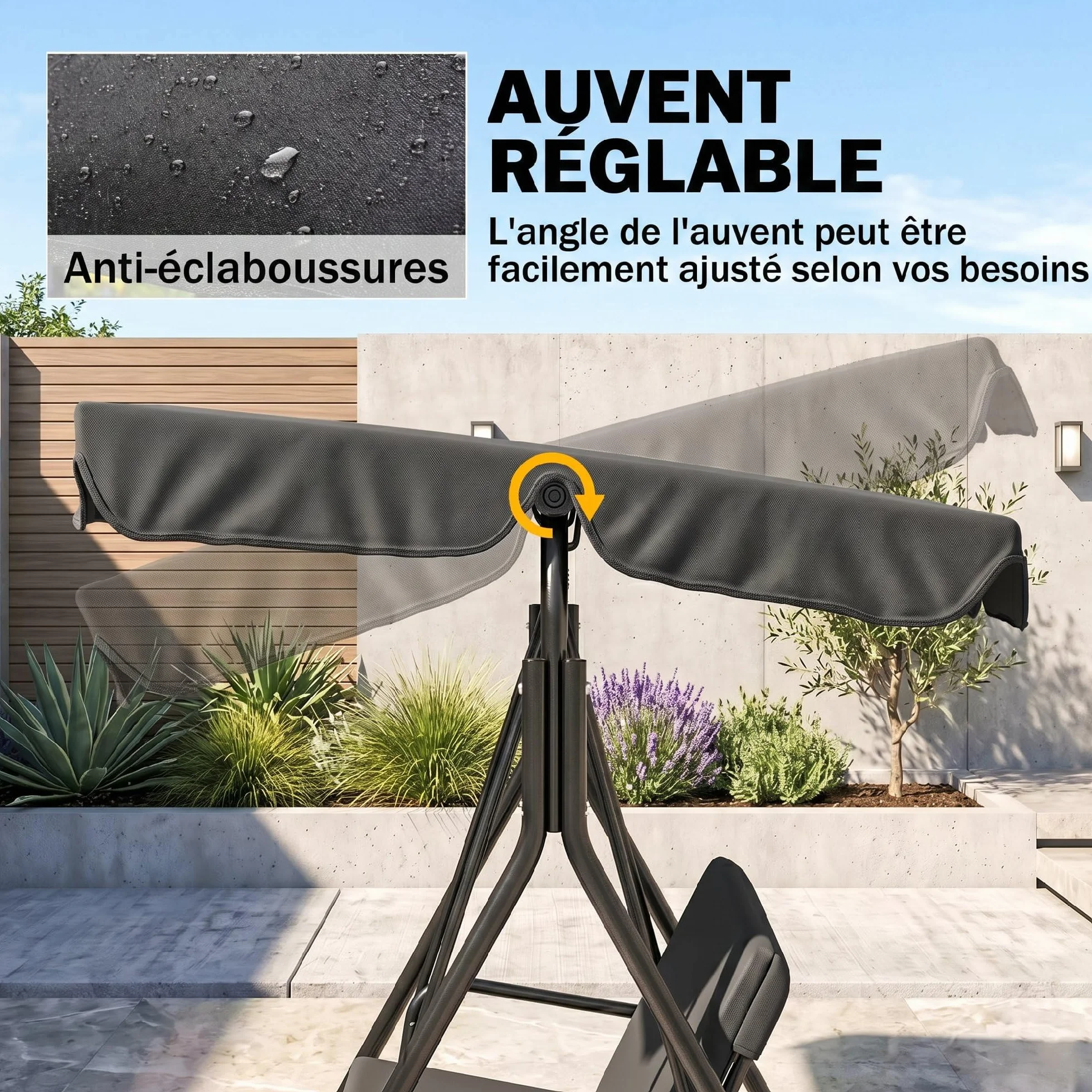 Outsunny Balancelle de Jardin 3 Places Toit Inclinaison réglable Acier Noir