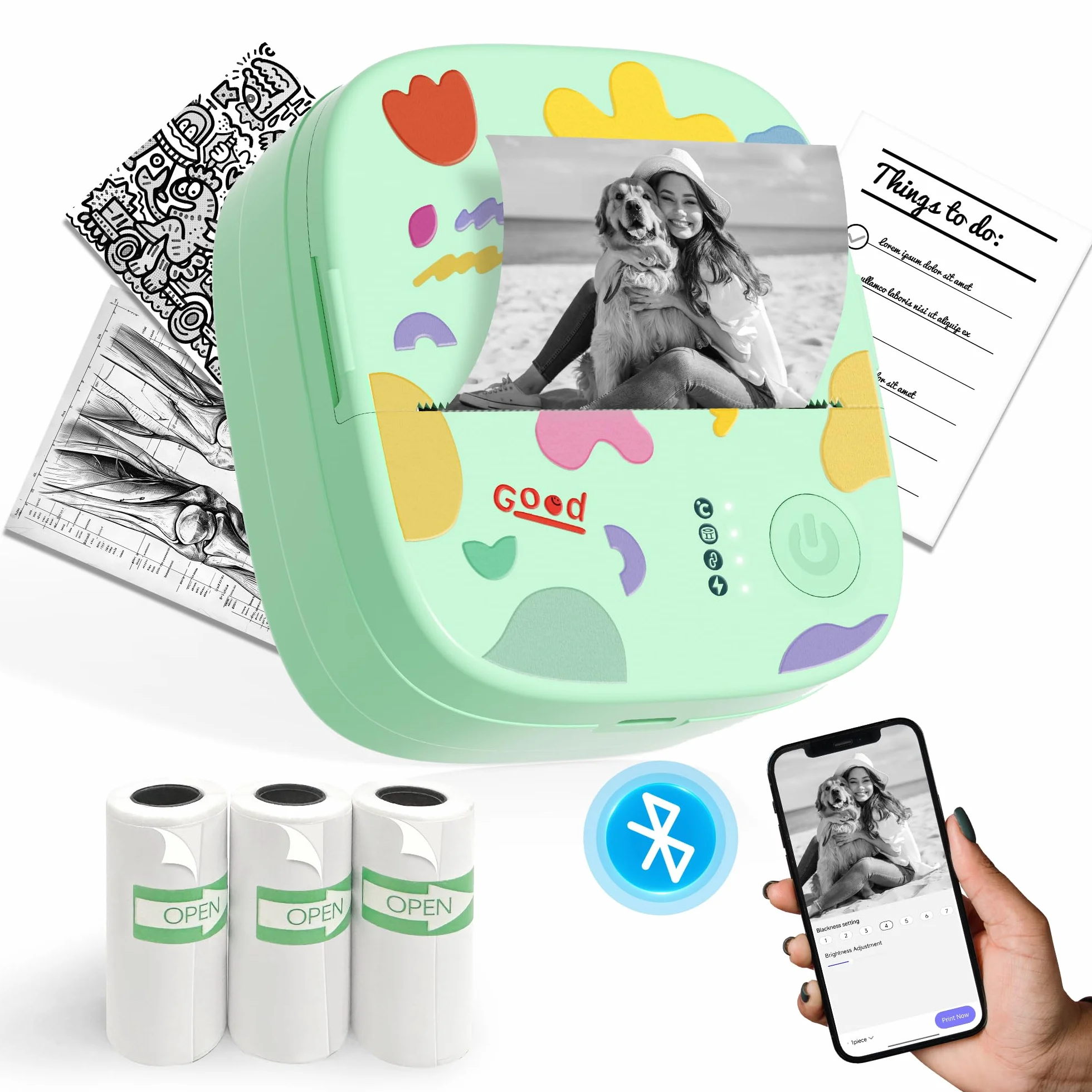 Imprimante Thermique Mini sans Encre Bluetooth Portable 3 Rouleaux Papier Vert pour Stickers Étiquettes DIY Enfants