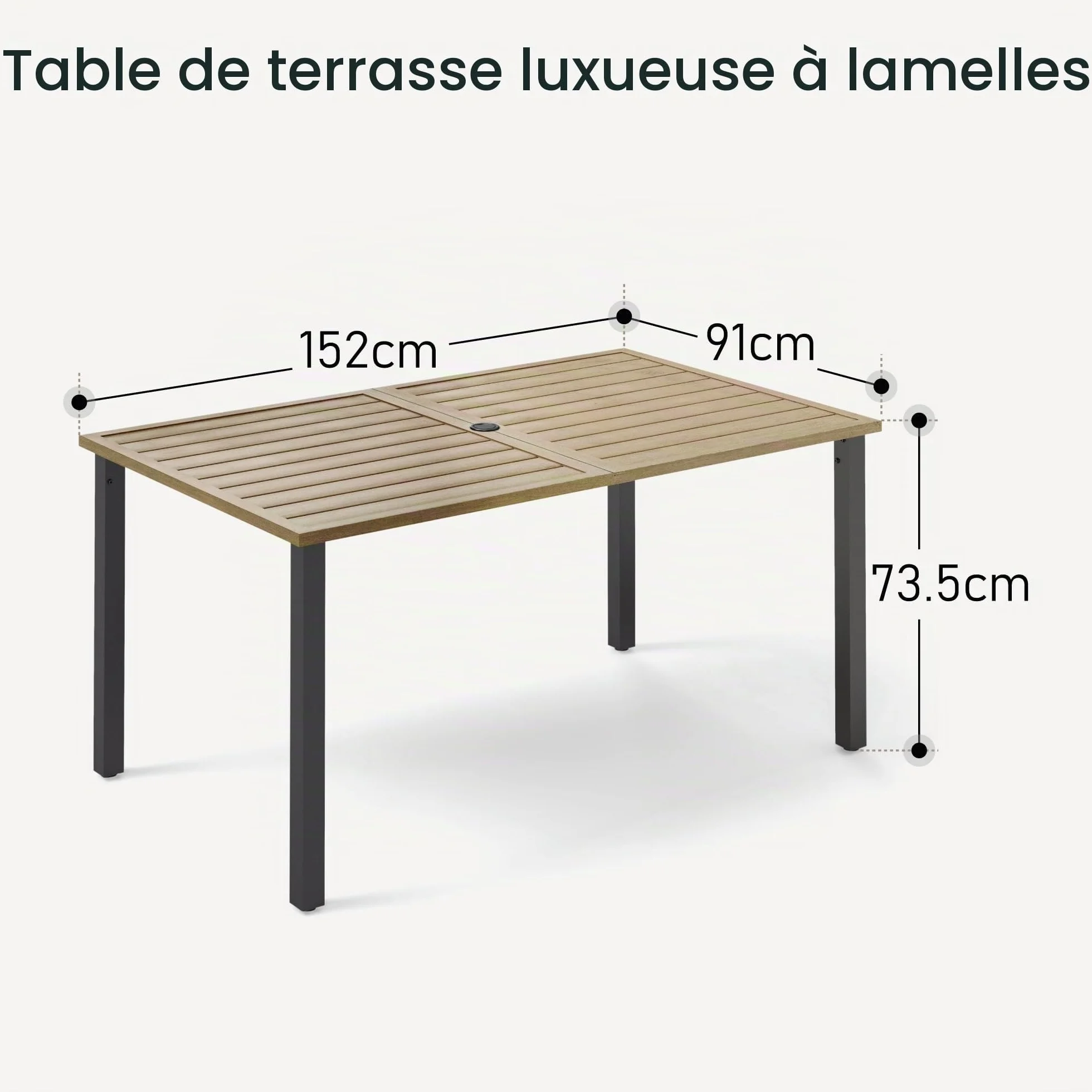 Table de jardin rectangulaire avec trou pour parasol 152 x 92 x 73 cm métal résistante aux intempéries PHI VILLA