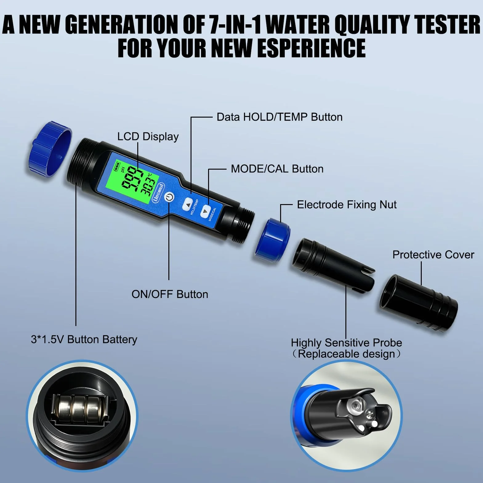 PH Mètre 7-en-1, Testeur PH TDS EC SALT ORP S.G Température, professionnel Tester Qualité Eau de 0.01 pH haute précision pour Piscine, Aquarium, Eau potable, Hydroponie