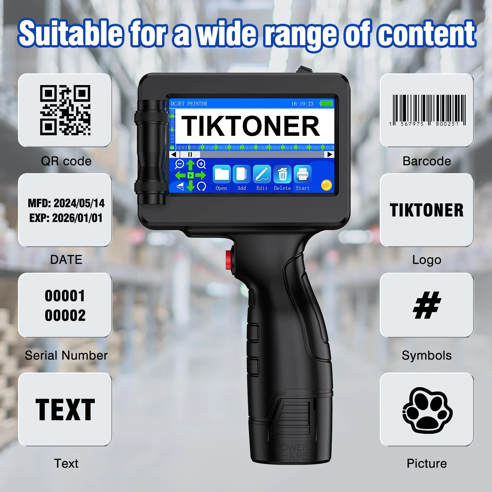 Imprimante à Jet d'encre Portable TIJ314, Pistolet d'Imprimante à Main 42ML, Écran Tactile 4,3" pour Texte, QR Code, Code-Barres