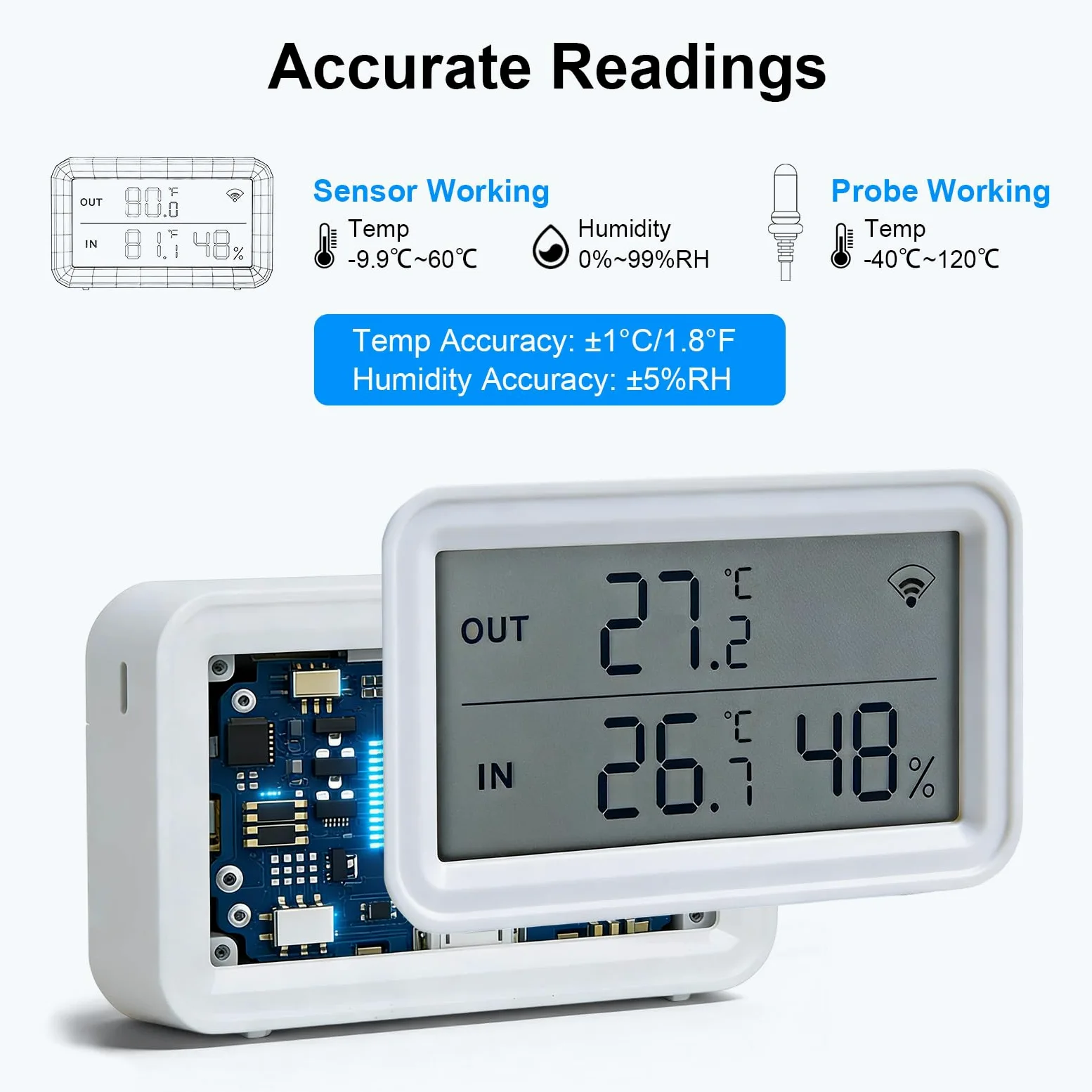 Thermomètre Hygromètre WiFi avec Sonde, Capteur Intelligent avec Alerte App | Capteur de Température et Humidité, Écran LCD, Stockage de Données, Idéal pour Frigo Réfrigérateur Aquarium Serre, Lot de 2