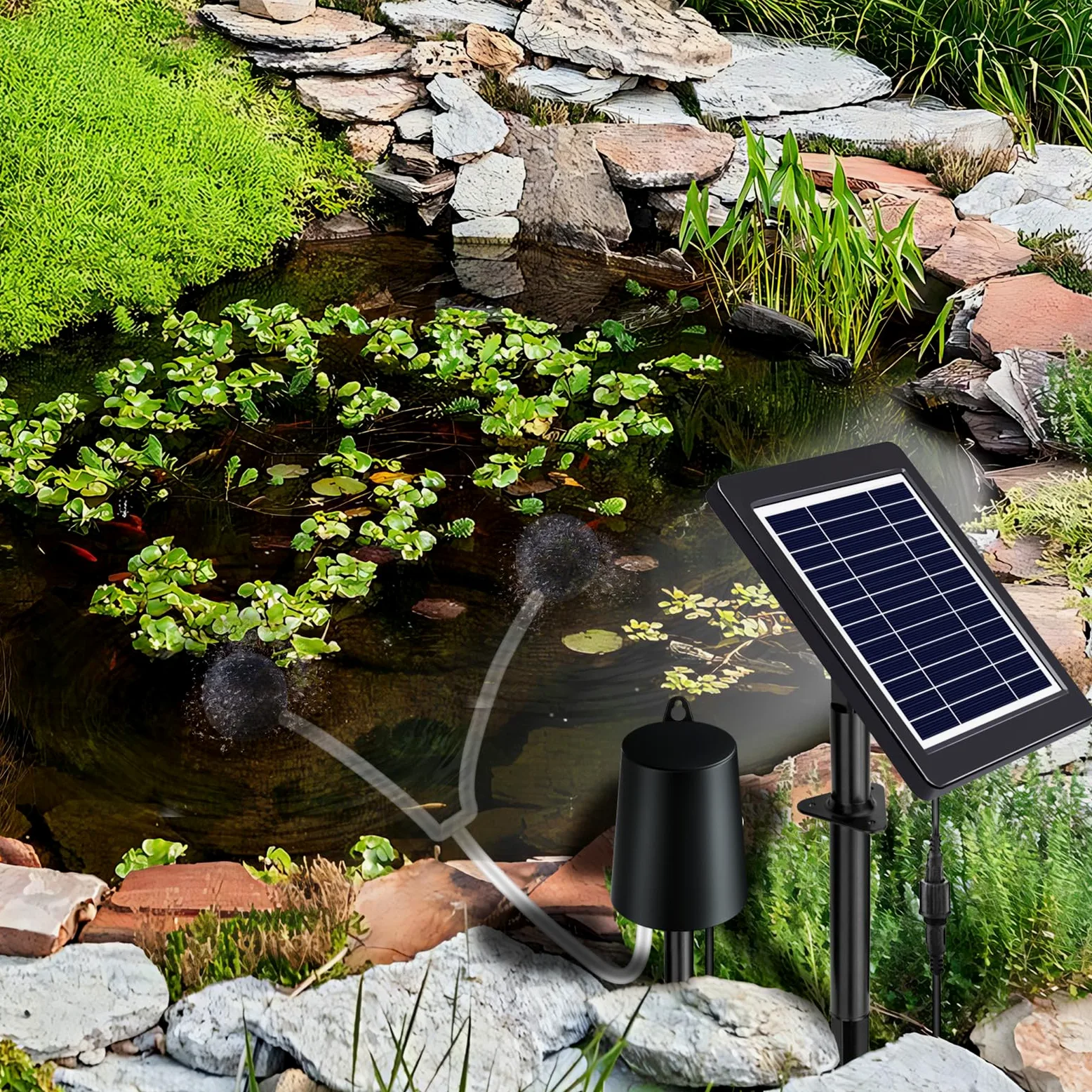 Aérateur de bassin solaire 4W 2200mAh 3 modes et sans bruit avec 2 pierres à bulles d'air | Pompe à air solaire pour étang - Oxygénateur solaire pour étang - Piscine