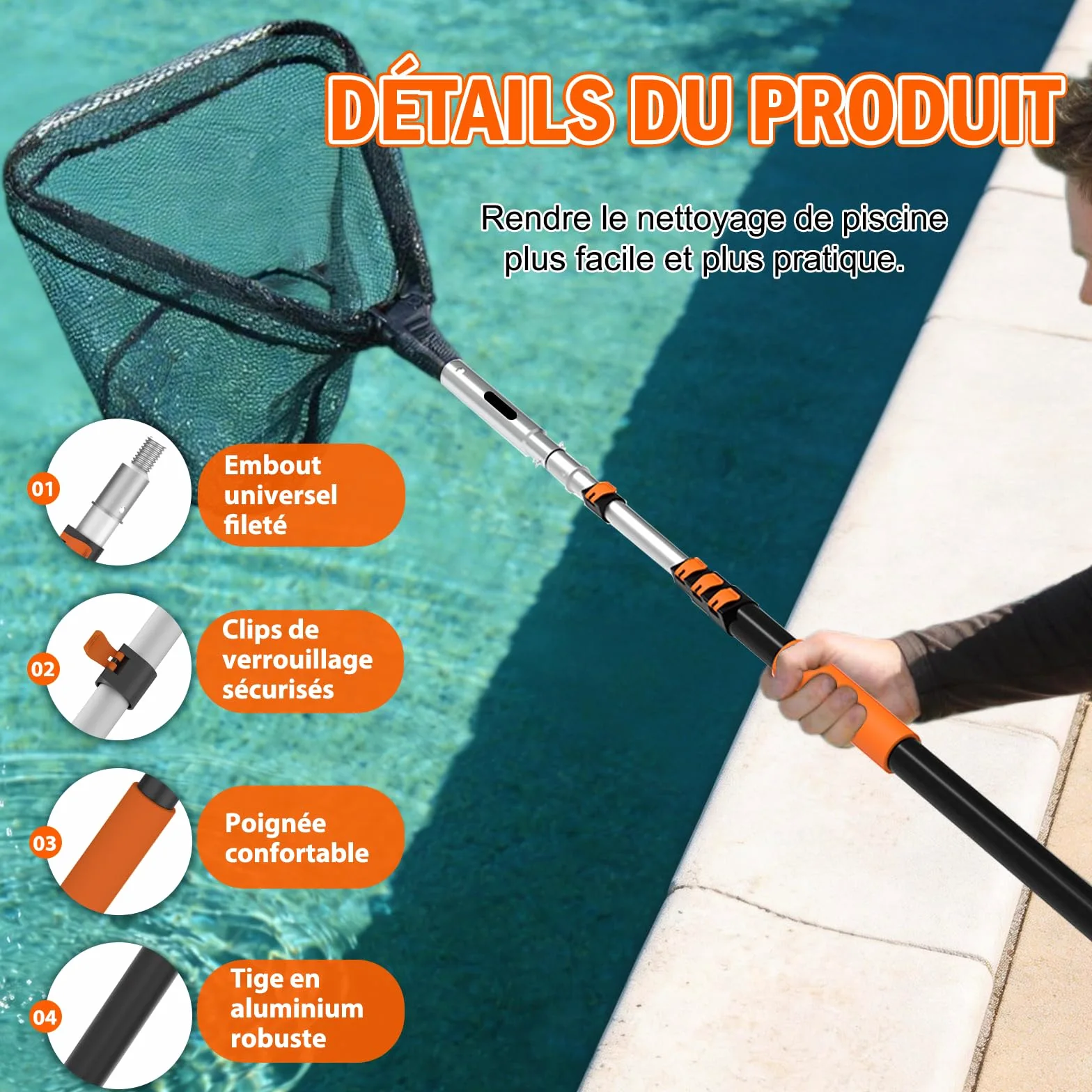 SISIUPASSIE ‌4,8m Epuisette Piscine Surface avec Manche Telescopique, ‌Épuisette Piscine Maille Extra Fine‌ pour Nettoyage Piscine, Epuisette pour Piscines Hors-Sol et Enterrées
