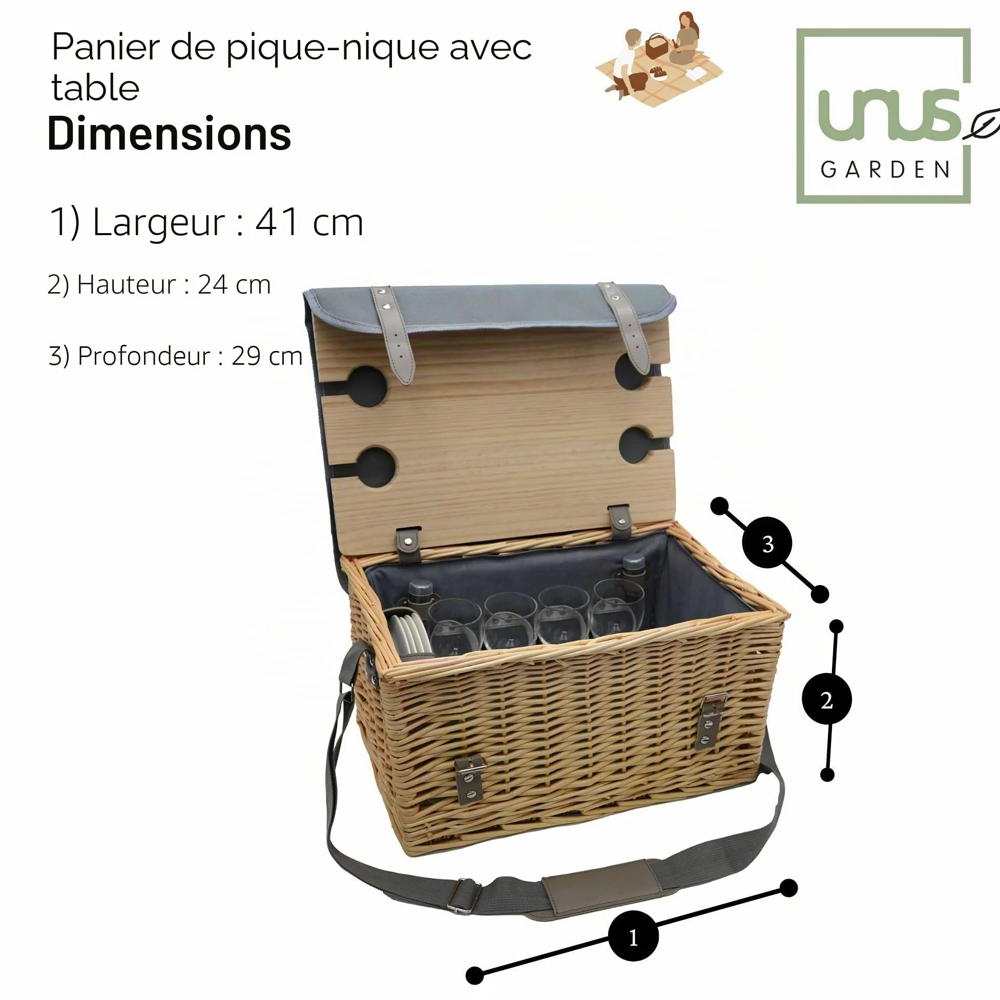 UNUS Panier de pique-nique complet pour 4 personnes 33 pièces avec table de service, couverture de pique-nique et vaisselle