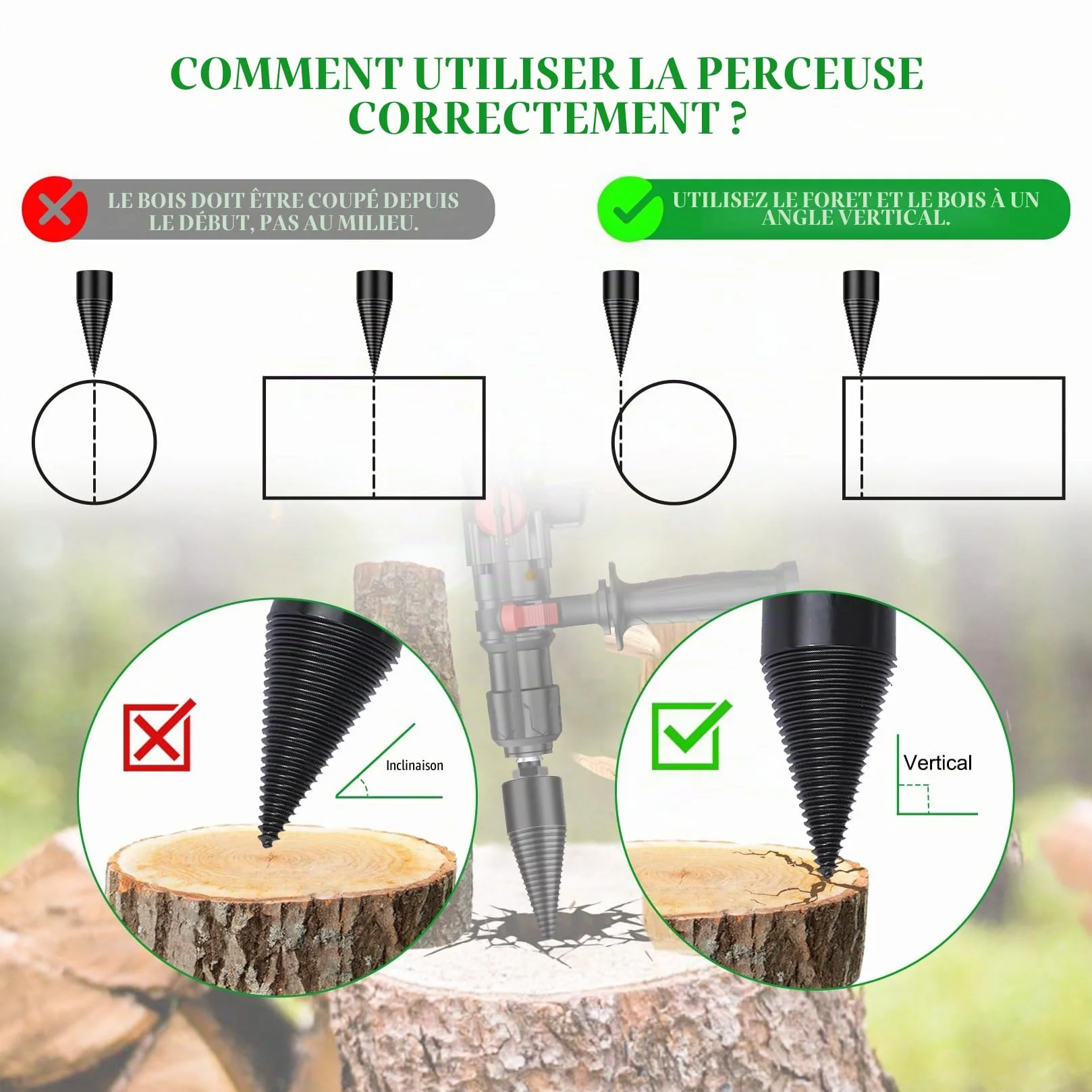 Herbst Foret fendeur de bois 50 mm cône de perçage 32 mm 4 poignées fendeur conique