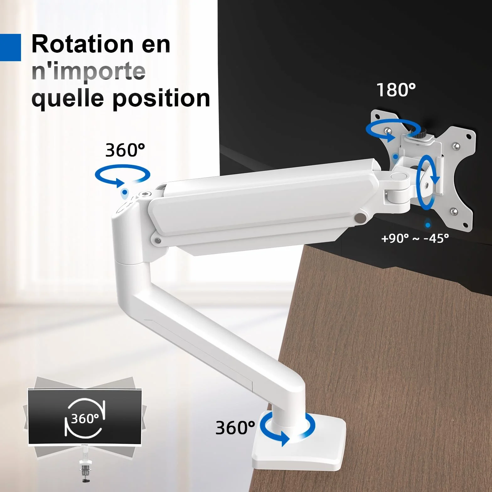 GRIFEMA GB2003W-1 Bras Ecran PC VESA 75x75-100x100 mm Rotation 360° Réglable Hauteur 9 kg Blanc