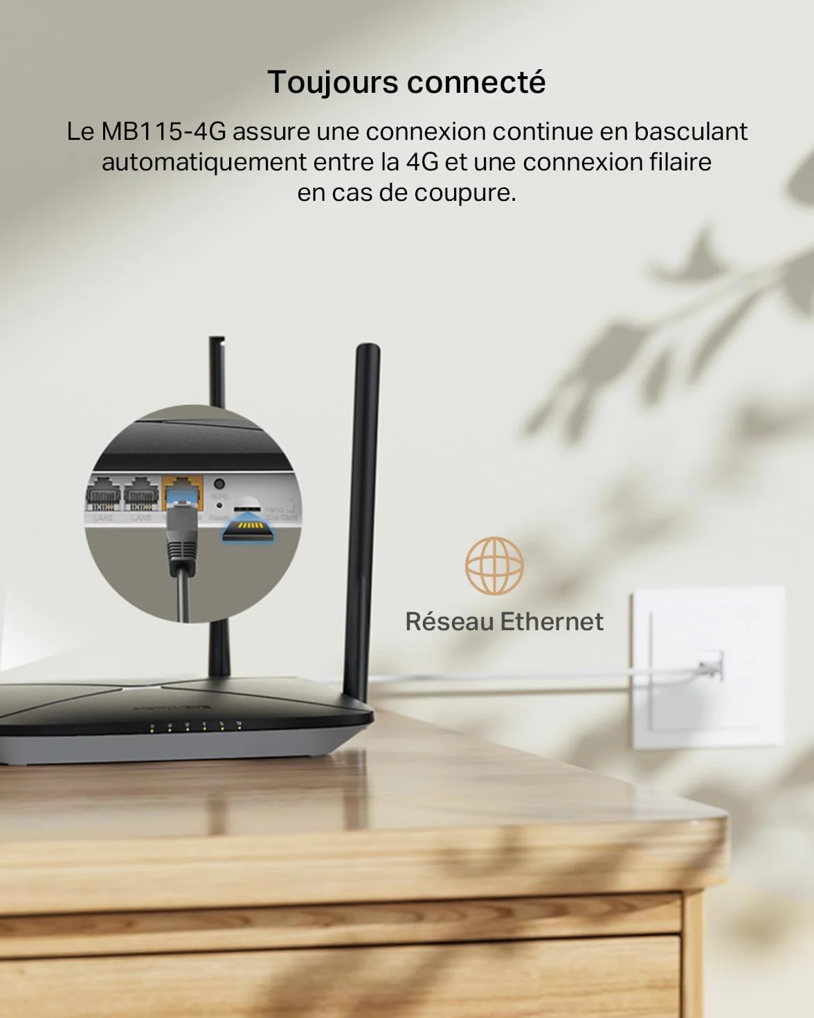 Mercusys MB115-4G Routeur 4G LTE WiFi 300 Mbps 2.4 GHz Carte SIM Nano 4 Antennes