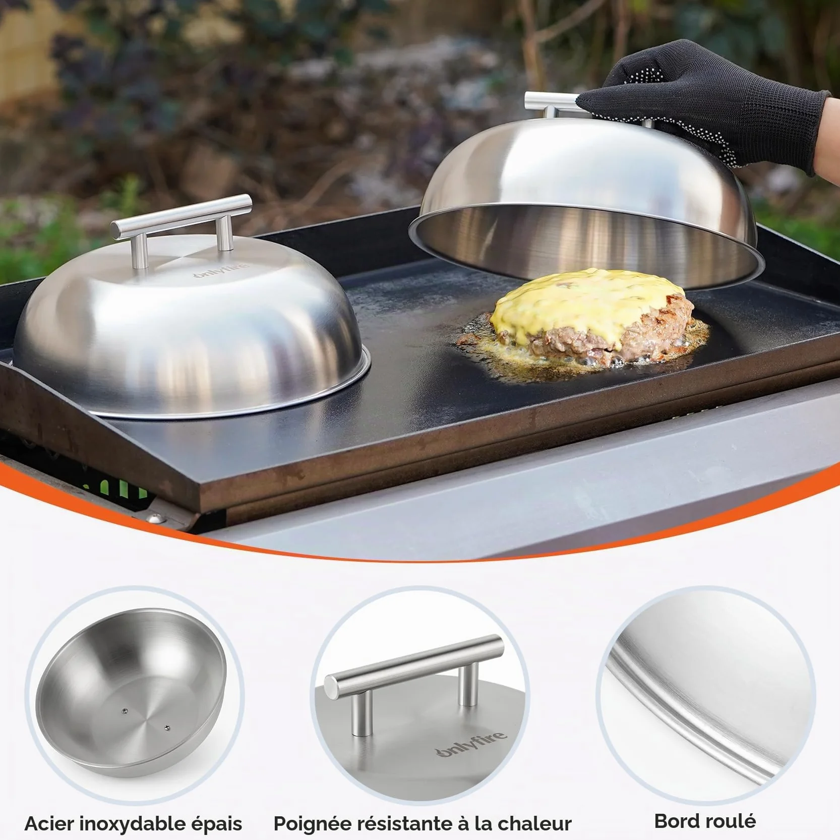 Onlyfire Set Smash Burger 3 Pièces, Presse à Burger Fonte et 2 Cloches Cuisson Acier Inoxydable, Kit Plancha Barbecue