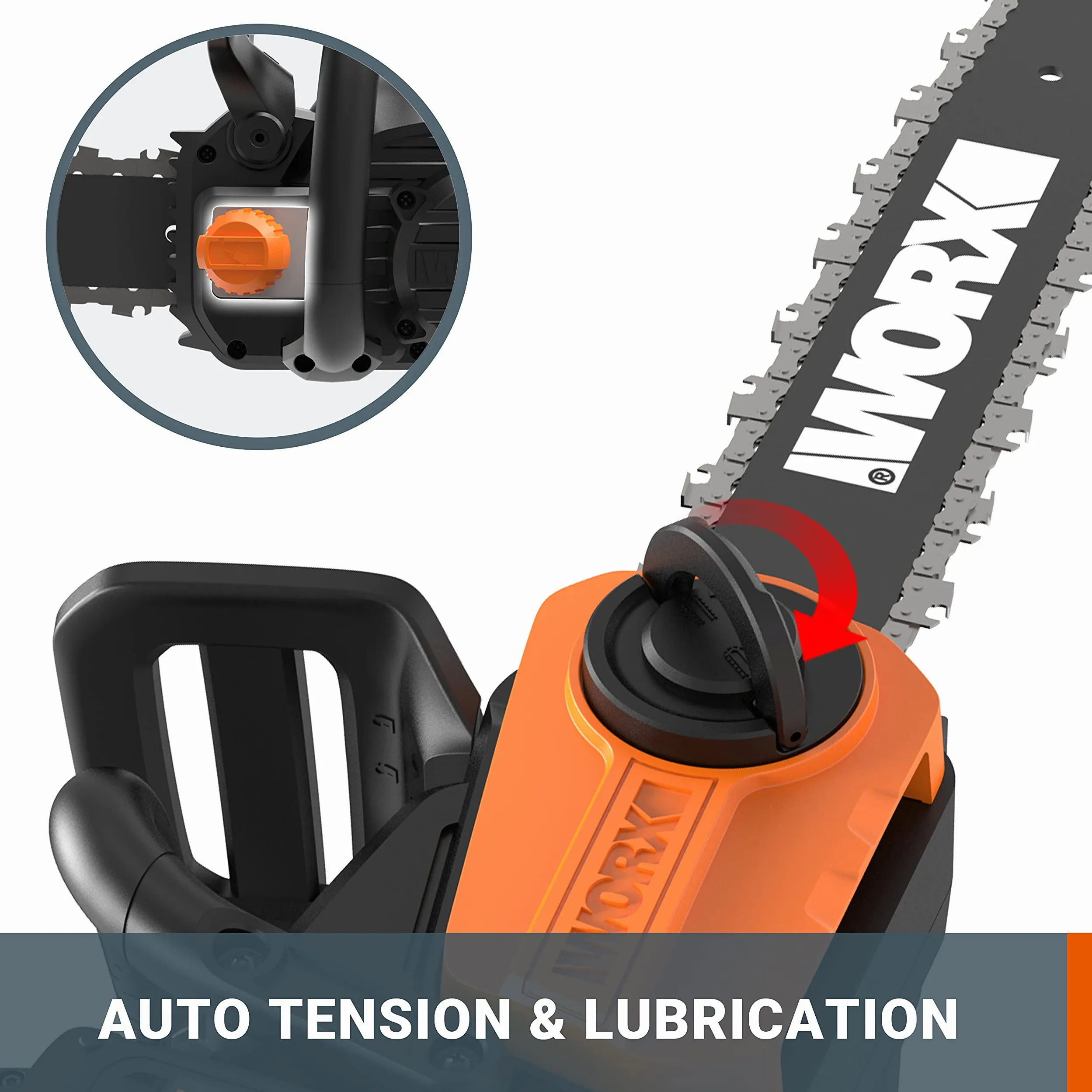 WORX - Tronçonneuse sans fil 40V - 4Ah- WG384E - guide de 35 cm, 8 m/s (Livrée avec batterie et chargeur, brushless, légère et compacte, indicateur de niveau d'huile, auto-lubrification de la chaîne) | Guide 35 cm, tension et lubrification automatiques, f