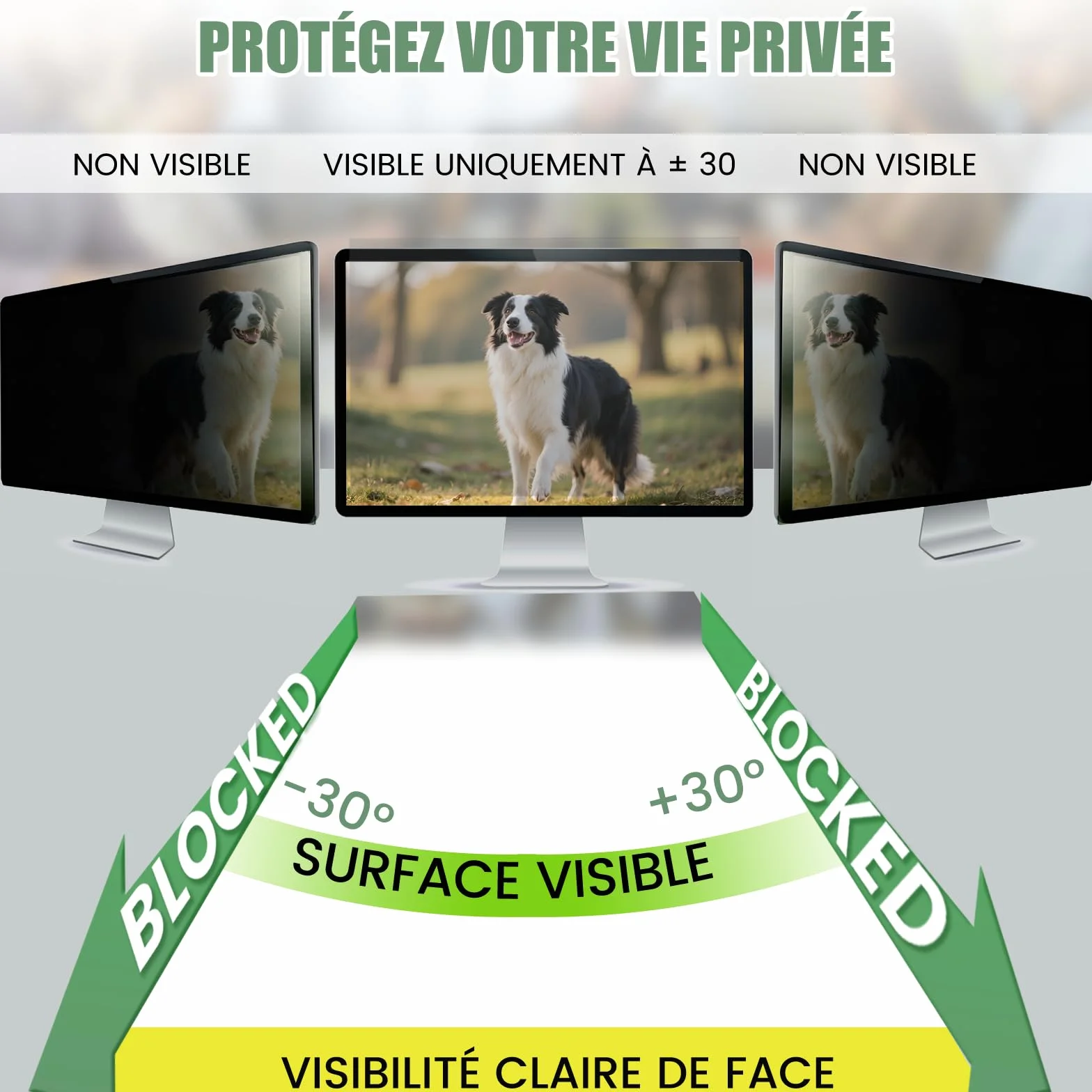 Filtre de Confidentialité 24 Pouces pour écran d'ordinateur – Protection anti-lumière bleue et anti-éblouissement – Moniteur 16:9 (53,1 x 29,9 cm)